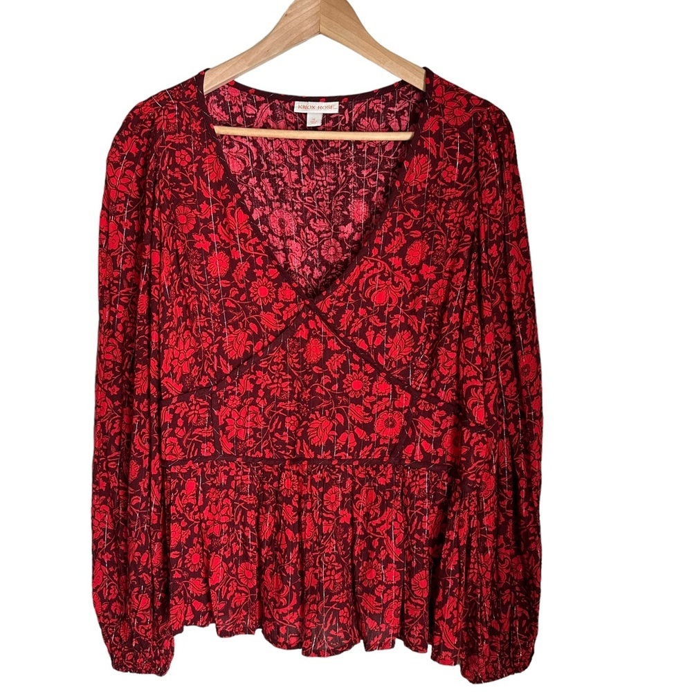 Knox Rose Top Women's Size XL Boho Long Sleeve Floral‎ Print V-Neck Blouses